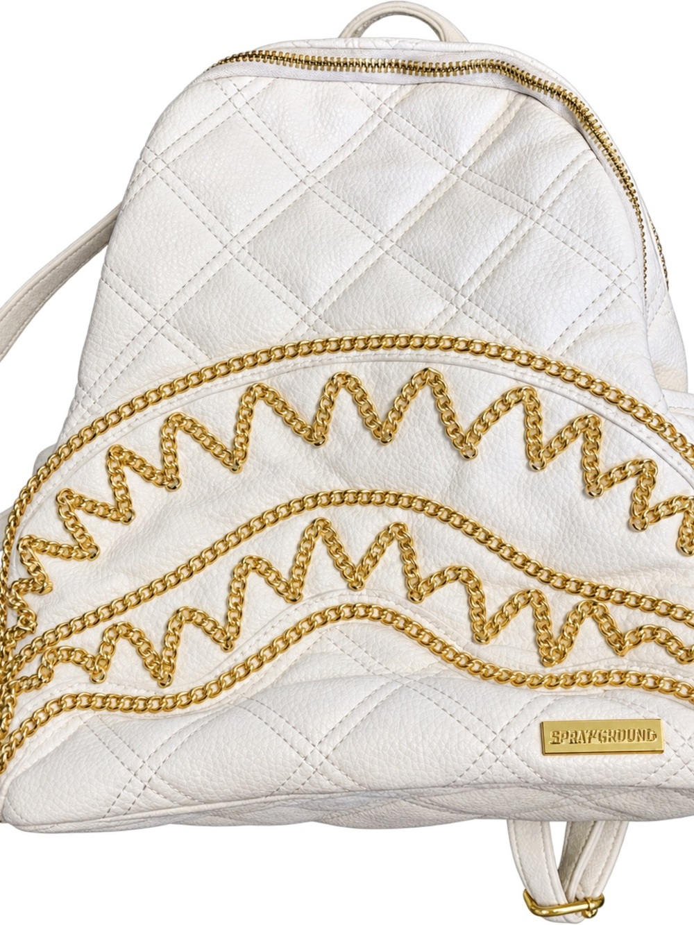 Sprayground White Quilted Backpack with Gold Chain Trim